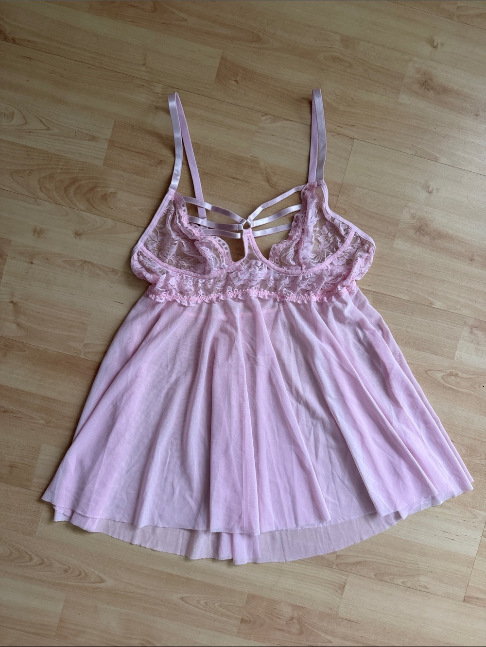 Delicate Pink Lace Babydoll Chemise with Strappy Front & String Thong